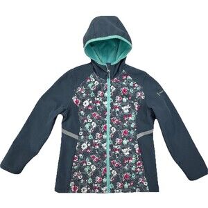 Free Country Girls Softshell Stretch Jacket Floral Gray Teal Hood Size 10/12